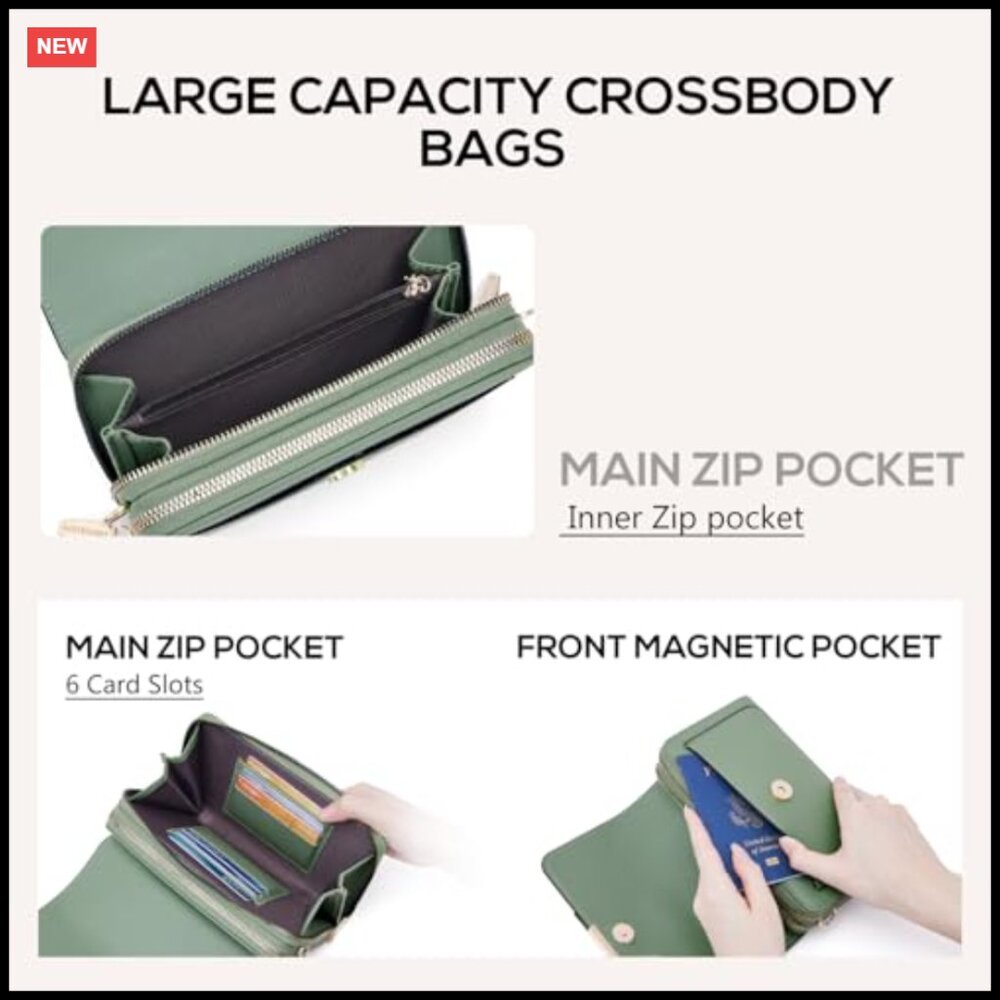 Chic Minimal Crossbody Bag PU Leather Adjustable Strap Zipper Pockets Card Slots - Picture 3 of 7